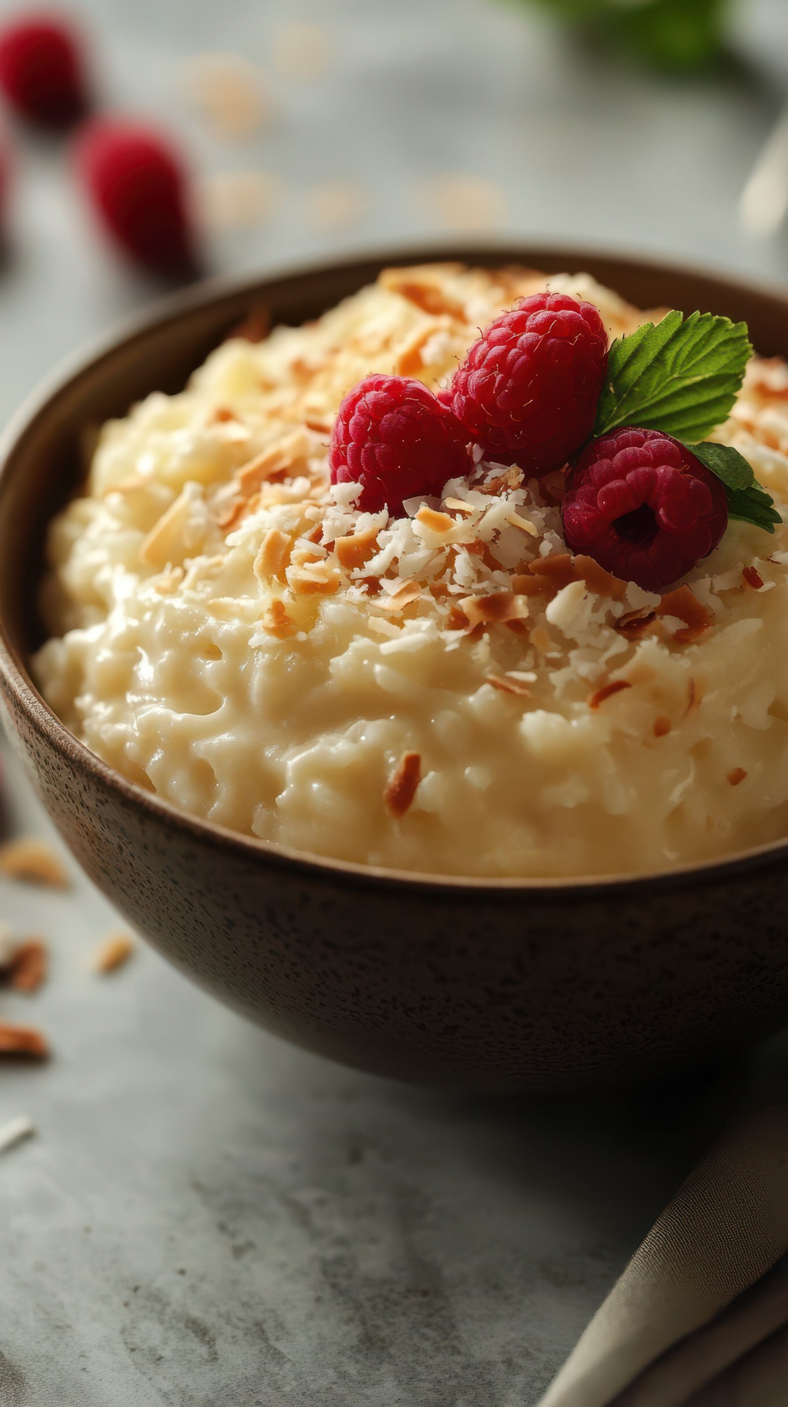 Creamy dessert with coconut and raspberries in a rustic bowl on a textured surface